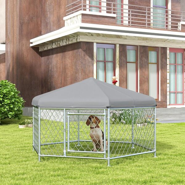 PawHut Chenil pour Chien extérieur, enclos Chien extérieur, 210 x 185 x 120 cm, avec Toit imperméable et Protection UV, Porte verrouillable, Acier grillagé, Argent