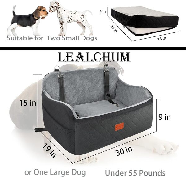 Lealchum Siège de Voiture pour Chien jusqu'à 25 kg, 2 laisses réglables à Clipser pour 2 Petits Chiens, siège de Voiture entièrement Amovible et Lavable avec 2 Poches de Rangement, Facile à Installer