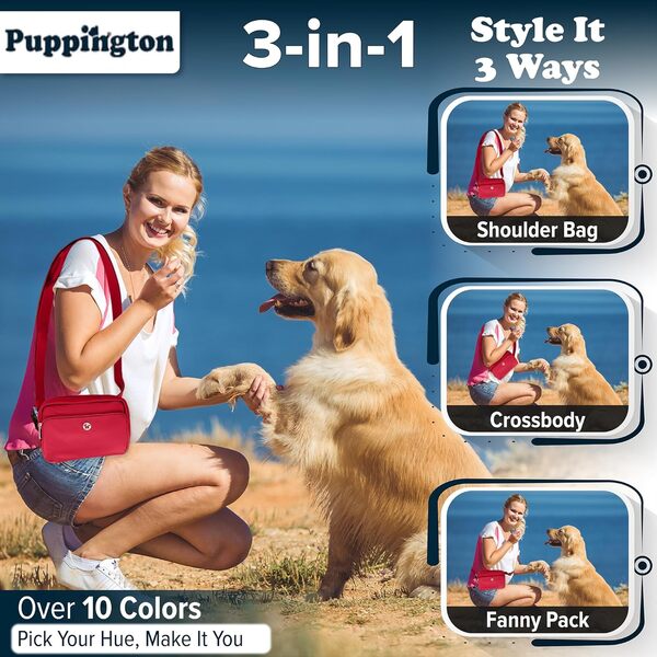 Puppington Pochette à friandises pour chien pour dressage d'animaux de compagnie – Poches zippées et distributeur de sacs à déjections canines de couleur assortie – Sac banane et sac banane – Sac de