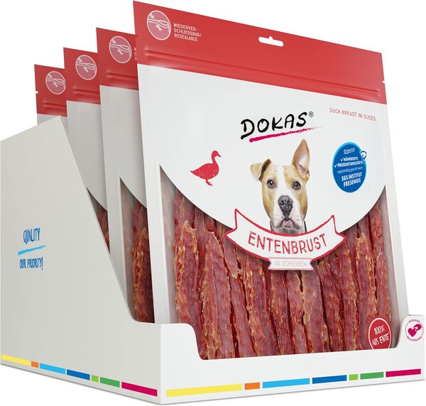 Dokas Lot de 4 collations sans céréales de qualité supérieure pour Chien - en Filet de Poitrine de Canard, 900 g
