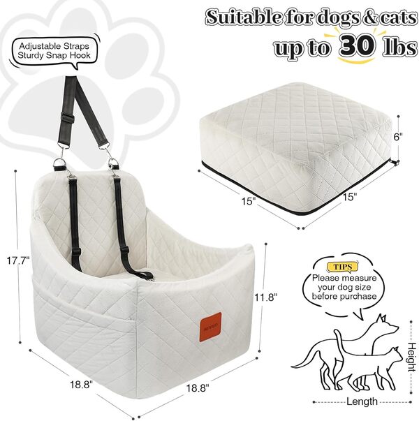 INDYBUD Siège auto pour chiens de petite et moyenne taille, siège auto amovible lavable pour chien jusqu'à 15,9 kg, lit de voyage avec poches de rangement et deux ceintures de sécurité pour chien