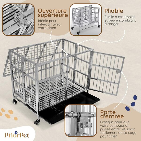Cage pour Chien INOX - Cage Pliable - Assemblement sans Outils - Double Verrouillage - Cage Chien avec Double Porte - roulettes pivotantes - Plateau Amovible - Caisse en INOX - L94xℓ62xH82cm