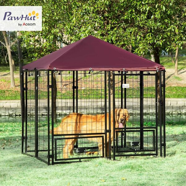 PawHut Chenil extérieur pour Chiens Parc à Chiot avec Toit en Tissu Oxford avec 2 Supports de Bol rotatifs 8 Panneaux Toit résistant aux intempéries 141 x 141 x 153 cm