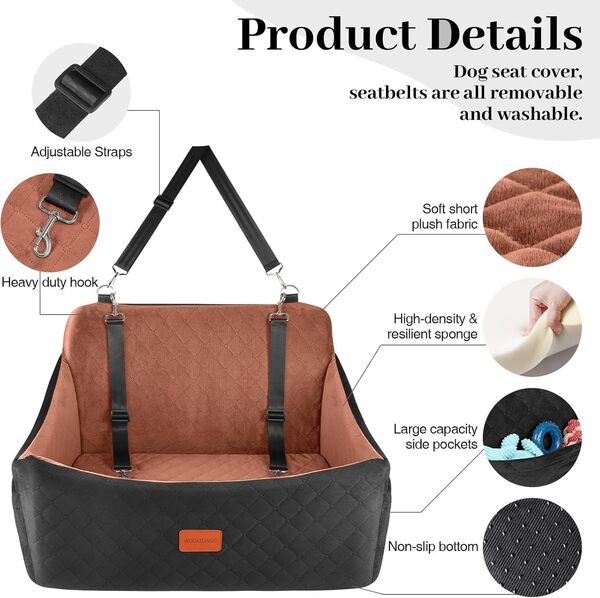 Wooaidagg Siège de Voiture pour Chien de Taille Moyenne jusqu'à 55 kg, Super Doux, Fabic en Mousse à mémoire de Forme, avec Boucles de Ceinture de sécurité, entièrement Amovible et Lavable,