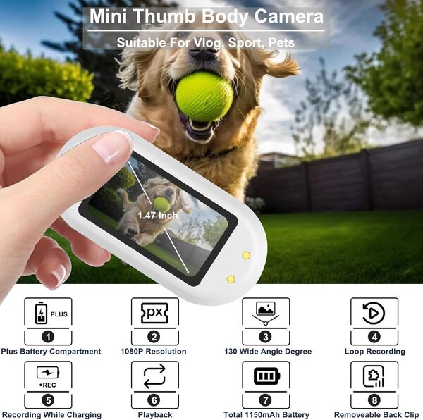 YDI Mini Caméra Portable 1080P pour Corps/Sports/Animaux, Double Batterie avec Magnétique Compartiment de Chargement de Batterie, Collier de Chien, Carte 32G (Blanc)