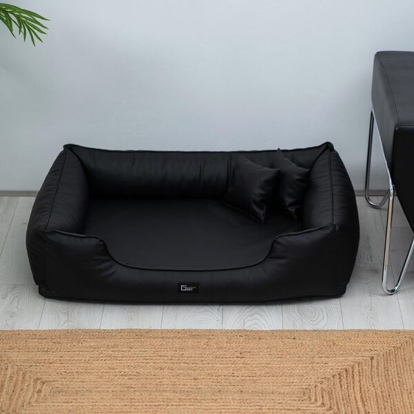 Lit pour Chien Orthopédique Max - Panier Premium en Similicuir avec Matelas en Mousse à Mémoire de Forme, Housse Amovible et Base Anti-dérapante (L+|90x70cm, Noir)