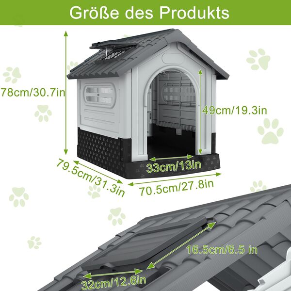 Aufun Niche pour animal de compagnie en plastique d'extérieur imperméable isolée avec grille d'aération et sol surélevé - Pour l'extérieur et l'intérieur - 79,5 x 70,5 x 78 cm - Gris