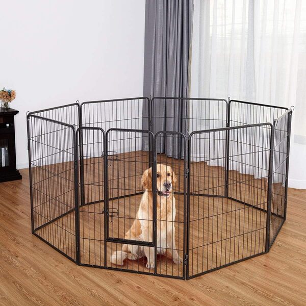 COSTWAY Parc pour Animaux en Métal Pliable à 8 Panneaux, pour Chiots avec Porte Verrouillable, Barrière de Clôture pour Enclos Intérieur/Extérieur, Chenils Portables pour Animaux de Compagnie