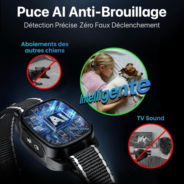 Collier Anti Aboiement Chiens,Modes Son/Vibration/Vibration Forte, Détection Intelligente des Aboiements, Rechargeable, Étanche IP67, pour Petit et Gros Chien (Black)