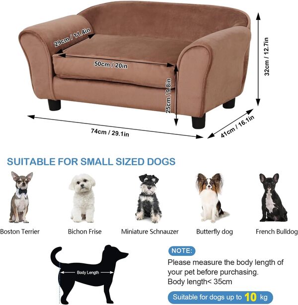 PWTJ Canapé-lit pour chien et chat de petite race – Cadre en velours doux et en bois – Coussin lavable – Meuble de repos confortable pour petits animaux de compagnie (marron)