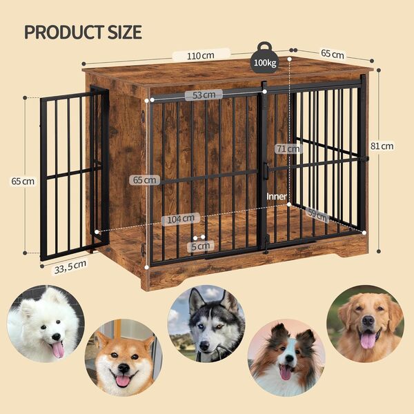 Hzuaneri 110cm Cage pour Chiens, Table d’Appoint, Niche Moderne pour Chiens, Cage pour Chiots, Maisonnette pour Animaux, 2 Portes, 65 × 110 × 81 cm, Marron Rustique DFC84401B