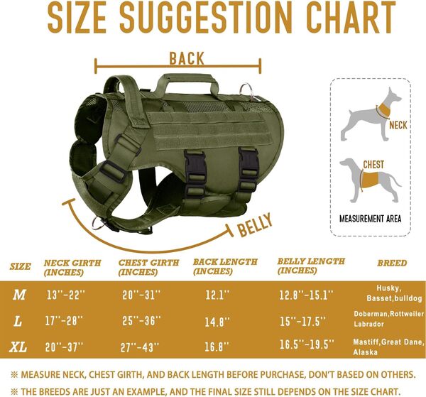 DNALLRINO Harnais tactique pour chiens de taille moyenne et grande taille, gilet en maille respirante pour chien, gilet militaire avec deux poignées, grands panneaux auto-agrippants pour bricolage
