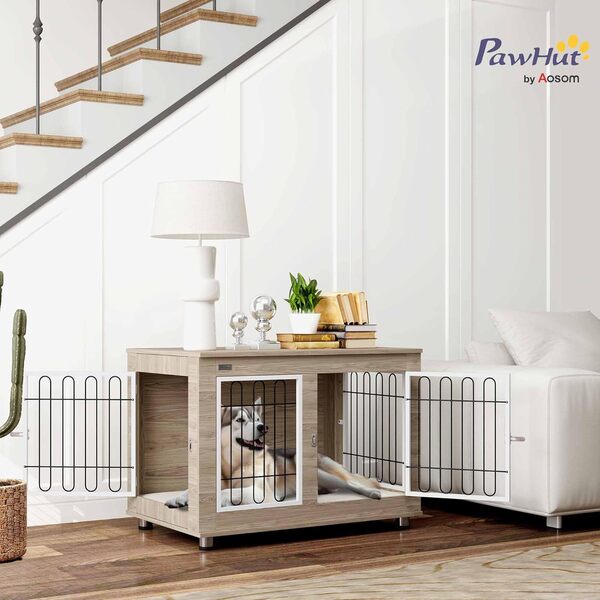 PawHut Cage pour Chien Meuble Cage Chien intérieur Table d'appoint Multi-usages avec Double Porte et Coussin - Niche pour Chien Moyenne et Grande Taille - 90 x 58 x 65 cm, Aspect Noyer