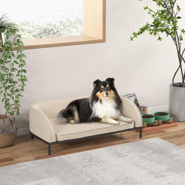 PawHut Canapé pour Chien lit surélevé pour Chien 101,5 x 62 x 34,5 cm Coussin déhoussable Pieds en Acier Surface en Velours lit pour Chien Blanc crème Noir