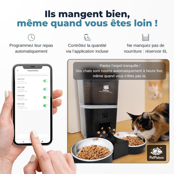 Distributeur croquettes Chat Automatique Double gamelle avec caméra – Nourriture équitable pour 2 Chats ou Plus – Surveillance à Distance – Sérénité pour Vous, Confort pour eux