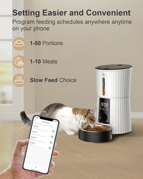 Petory Mangeoires automatiques Wi-FI - Distributeur de Nourriture sèche pour Chats et Chiens - 10 Repas par Jour - avec Sac déshydratant - Double Alimentation - Enregistreur Vocal 10 s