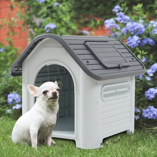 [en.casa] Niche pour Chien Animal de Compagnie Résistant aux Intempéries avec Base Surélevée Abri Extérieur avec Fentes d'Aération Plastique 87 x 72 x 75 cm Blanc Gris