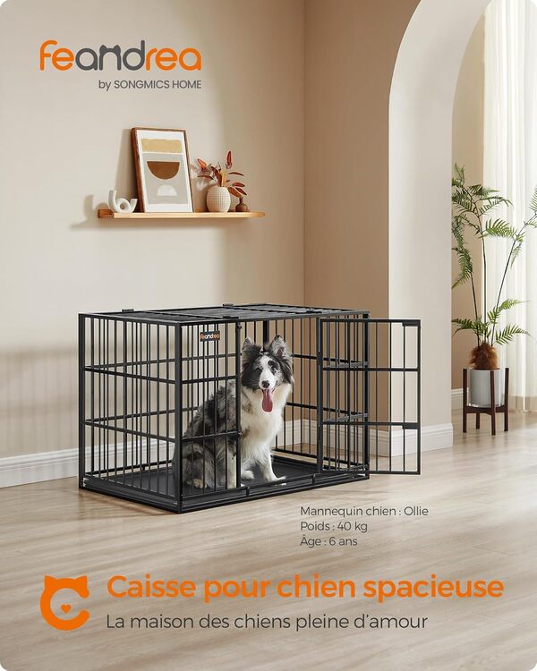 Feandrea Cage pour Chien Ultra-résistante, Caisse pour Animaux de Compagnie, 107 x 70 x 75 cm, pour Chiens Moyens et Grands, Niche avec Toit et Plateau Amovibles, Double Porte, Noir d'encre PPD005B01