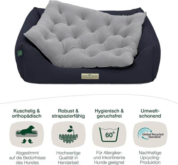 HOUND & NATURE | Panier écologique Zurich | orthopédique/ferme | Taille M pour chiens de taille moyenne – Lit douillet et moelleux, lavable avec réversible, coussin de couchage (M – 95 x 70 cm, bleu