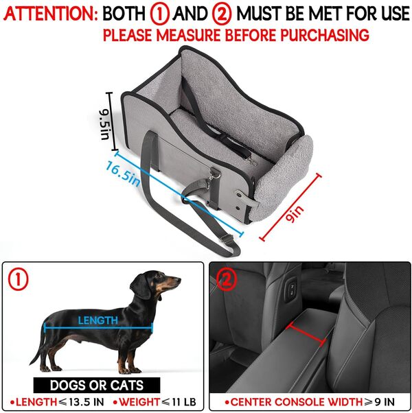 Siège de voiture à console centrale pour chien, chiot et animal de compagnie, siège de voiture à console centrale pour petits chiens, siège d'auto pour chat (gris)