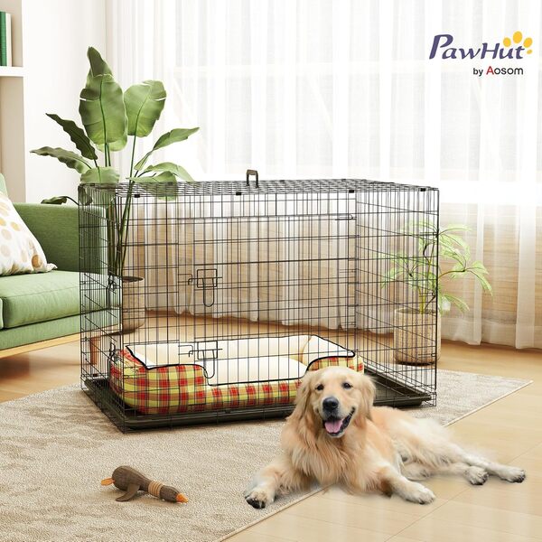 PawHut Cage pour Chien Pliable, en Acier métallique, 2 Portes verrouillables, Plateau Amovible, Cage de Transport pour Chien, 121 x 77 x 82 cm, Noir