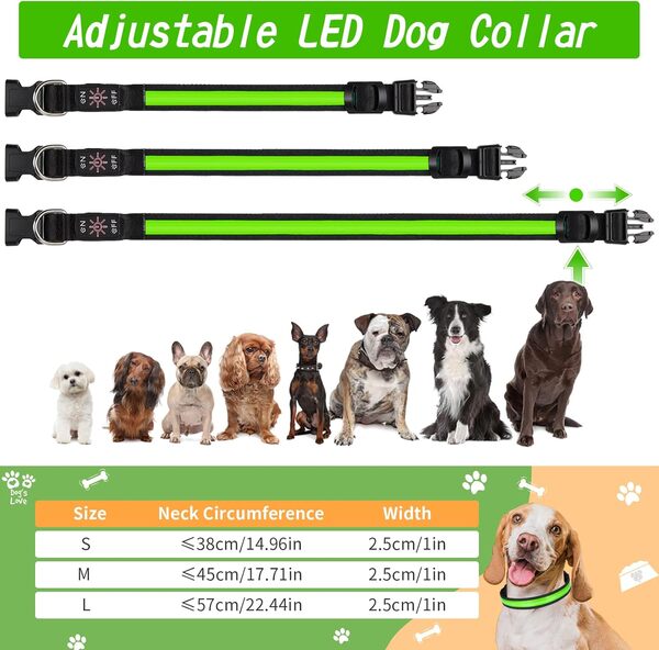 Collier Lumineux Chien Rechargeable par USB, Collier LED Chien Réglable avec 3 Modes D'éclairage pour Les Petits Chiens Moyens et Grands Qui Marchent la Nuit en Toute Sécurité - Vert - L