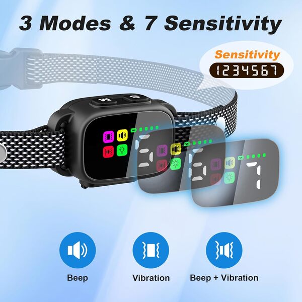 MASBRILL Collier Anti Aboiement pour Petits Chiens, Rechargeable Anti Aboiement Collier Dressage avec 3 Modes Son/Vibration, 7 Niveaux de Sensibilité, Étanche IP67 pour Petits Moyen Chiens, Noir
