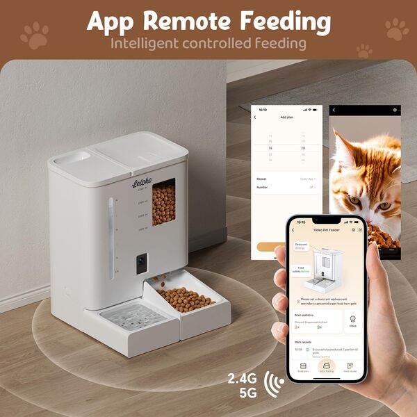 Mangeoire automatique pour chat avec caméra 5G/2.4G WiFi, vidéo HD 2K et vision nocturne, application facile d'utilisation, faible encrassement des aliments