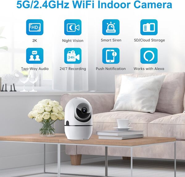 Lot de 2 caméras de sécurité d'intérieur WiFi 5G et 2,4 G pour la sécurité à la maison, moniteur de bébé/chien/animal domestique avec application pour téléphone, détecteur de mouvement et vision