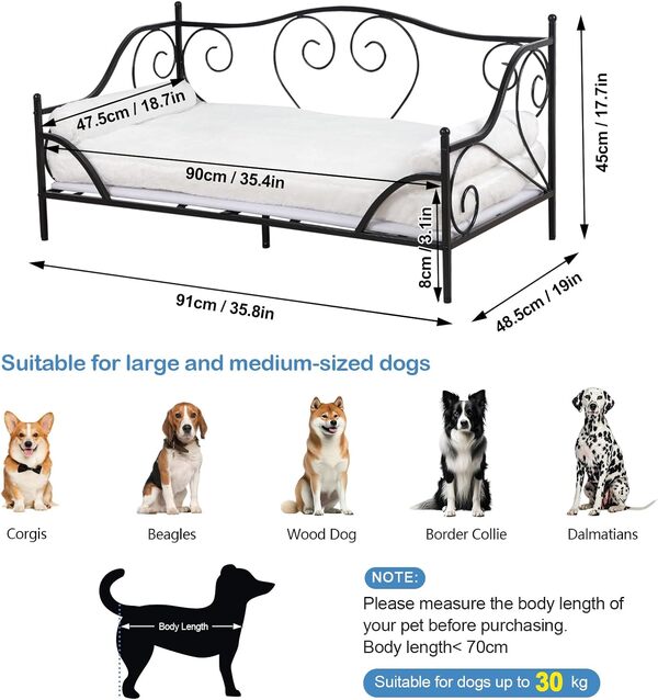 Canapé lit pour animal de compagnie avec cadre en métal et coussin en peluche lavable pour animaux de compagnie de taille moyenne (noir)