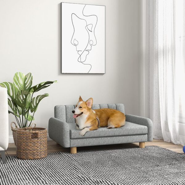 PawHut canapé pour Chien canapé pour Animaux de Compagnie lit pour Chien avec Coussin Doux, Fauteuil surélevé pour Chiens de Taille Moyenne, Imitation Lin, Gris, 94 x 61 x 40 cm