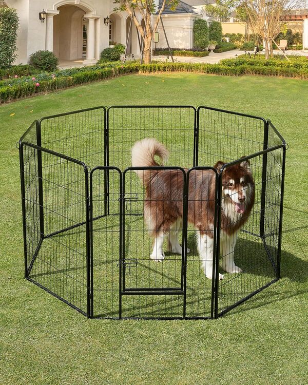 Feandrea Parc pour Chien, Enclos pour Chiot, Clôture, Chenil, Cage, 8 Panneaux, Double Verrou en L, Chaque Panneau 77 x 100 cm, Intérieur, Extérieur, Jardin, Chien, Lapin, Poule, Noir PPK81H