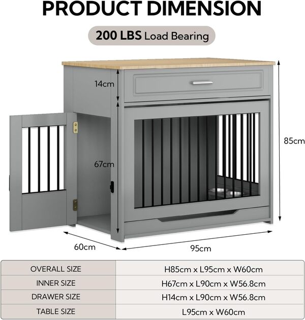 Meuble pour Cage de Chien, Cage en Bois avec Porte Coulissante et Tiroir, Meuble D'intérieur pour Chien, Table D'appoint avec Gamelle Pivotante à 360°, Gris
