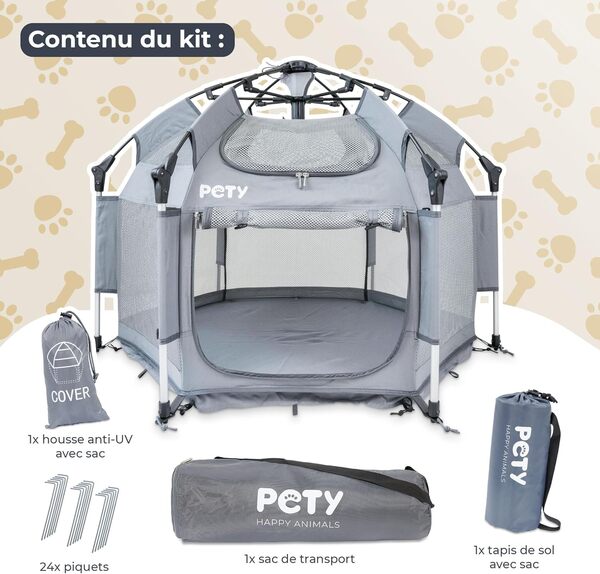 PETY Kit Parc pour Chien - Tente Mobile 110 x 80 cm - avec Sac de Transport, Toit UV et Tapis de Sol - Enclos pour Animaux - Accessoires de Voyage - Anthracite