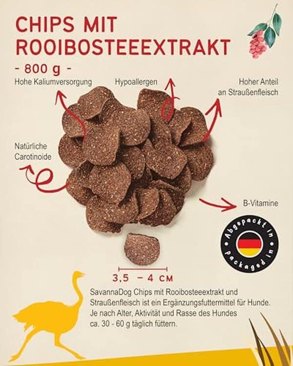 Découvrez les bienfaits des chips au rooibos et à l'autruche pour chiens. Améliorez le bien-être de votre animal avec SavannaDog. Friandises saines et savoureuses à essayer dès maintenant.