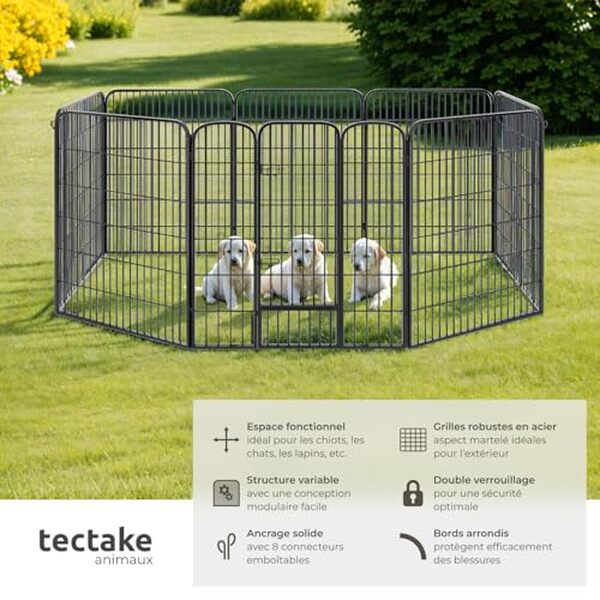 Découvrez notre test complet du parc modulable tectake® pour chiens et petits animaux : un espace sécurisé et modulable pour le bien-être de vos compagnons.