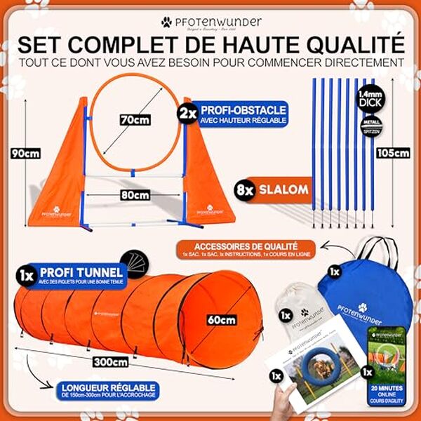 Découvrez notre test complet du kit d'agility XXL pfotenWunder pour chiens : caractéristiques, avantages et résultats d'utilisation pour améliorer l'entraînement de votre chien.